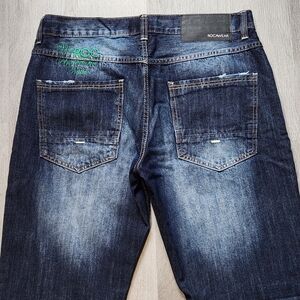 Rocawear Y2K Classic Fit Baggy Jeans Men 36x33 Dark Blue Embroidered Washed Vtg